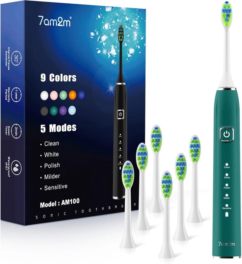 7AM2M Ultrasonic Electric Toothbrush with 6 Brush Heads for Adults&Kids, One Charge for 120 Days, Type-C Charge, 5 Modes, 40000VPM Powered Toothbrush, 2 Minutes Built in Smart Timer (Peacock Green) - Image 1